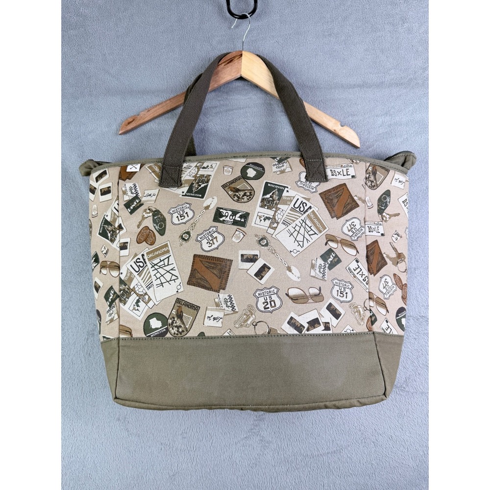 Lands End x Blake Shelton Road Trip Print Canvas Zip Top Tote Bag Olive Khaki